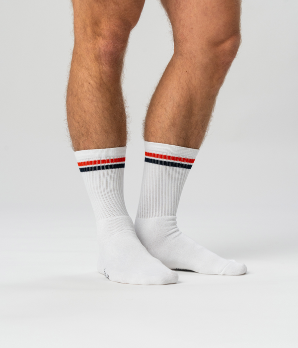 3 par hvide bambus tennissokker med rød/blå striber Copenhagen Bamboo